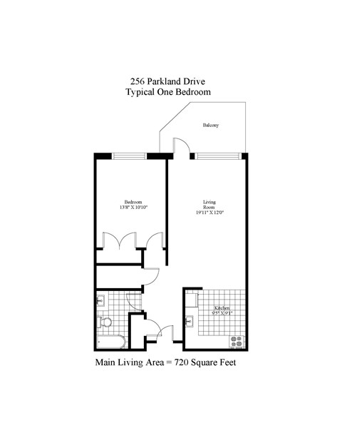 Floor plan for 1 bed, 1 bath, 820 sqft